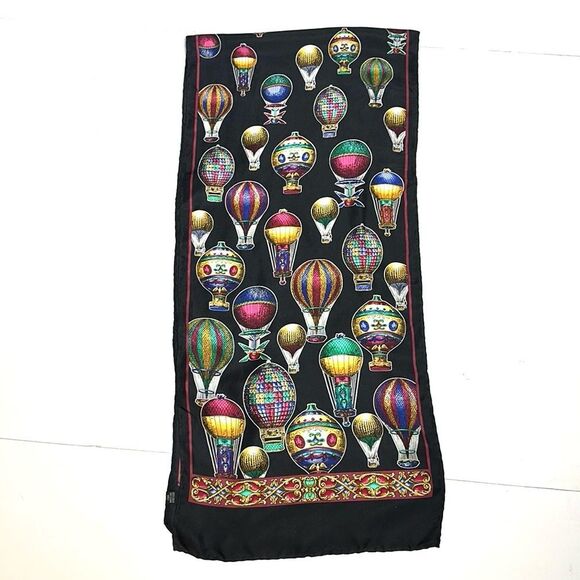 Hot Air Balloons Silk Scarf Black Rectangle 13.5x57” Hand Rolled made in Korea - Picture 2 of 11